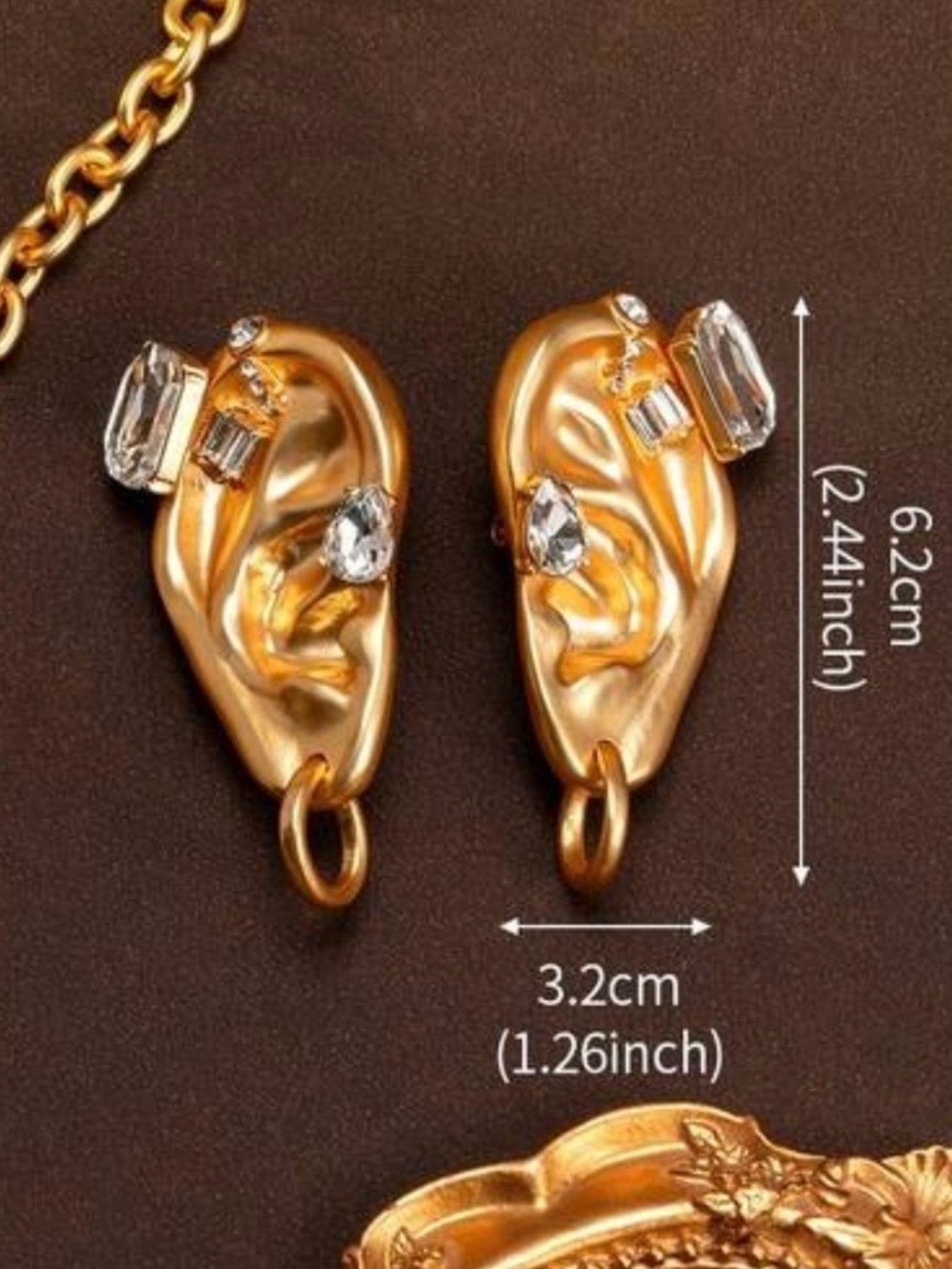Schiaparelli Inspired Gold Ear-Shaped Crystal Statement Earrings - Picture 2 of 4